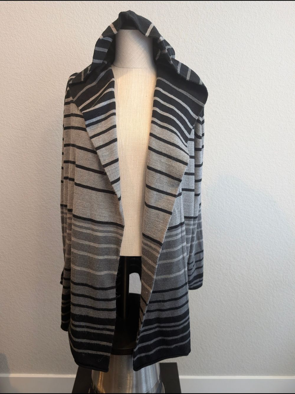 Effeci Sz 2X Women's Hooded Open-Front Striped Cardigan - Gray & Black